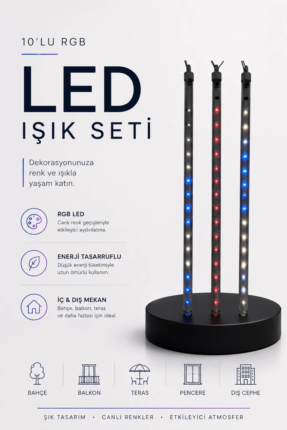 Rgb Led Dış Ve İç Mekan Süsleme Işığı 10 Çubuklu Şerit