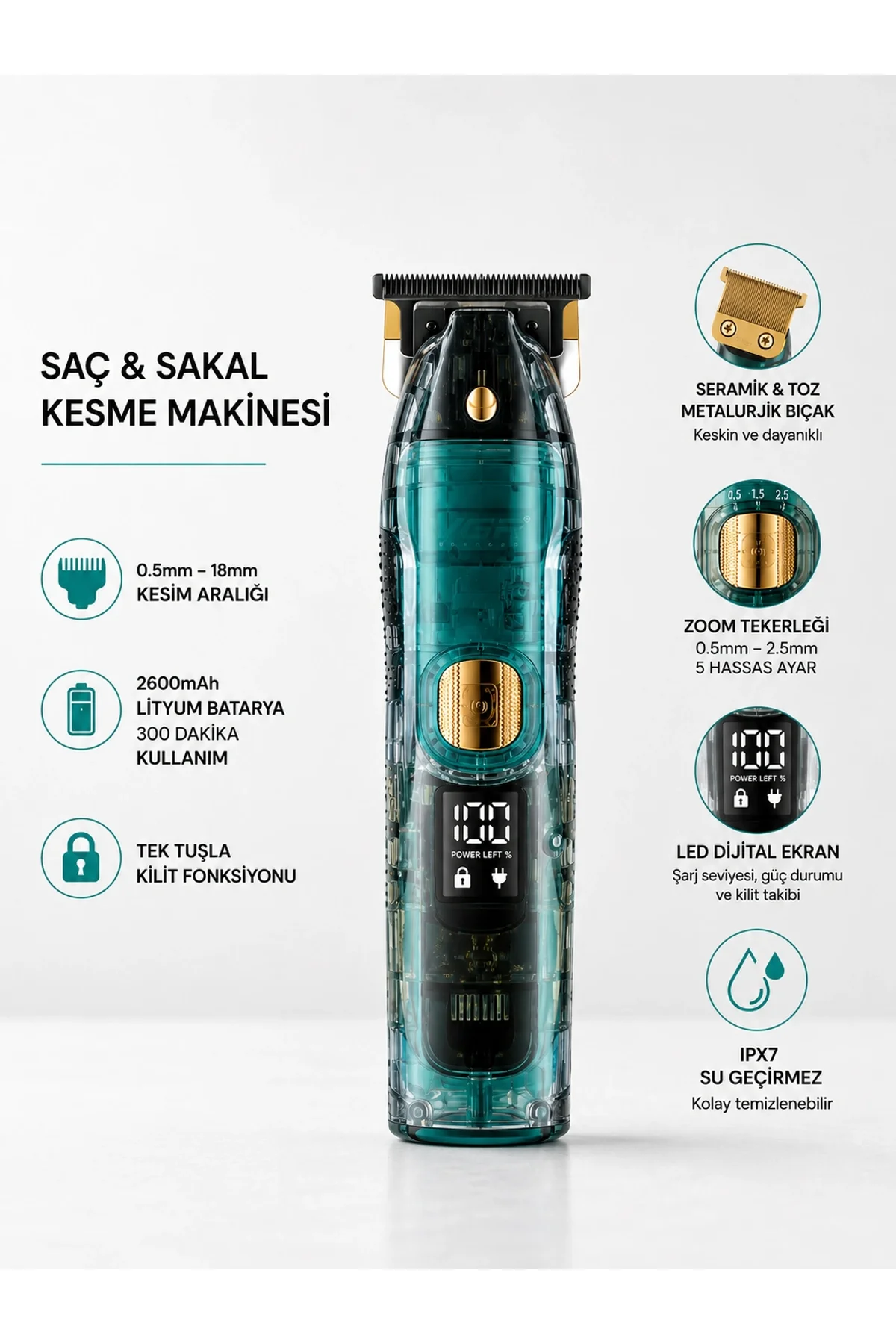 Saç Ve Sakal Kesme Makinesi Led Ekranlı Profesyonel 5 Adet Uzunluk Ayarı
