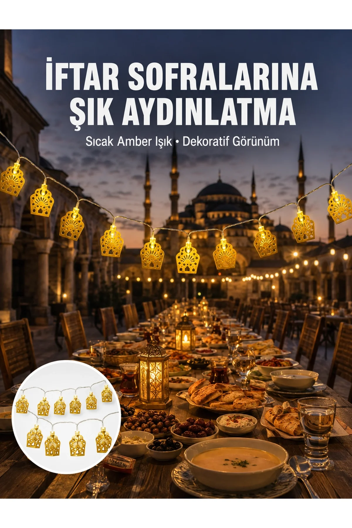 Dekoratif Ramazan Led Işık Pilli Cami Tasarımlı Zincir Aydınlatma Yeni Nesil