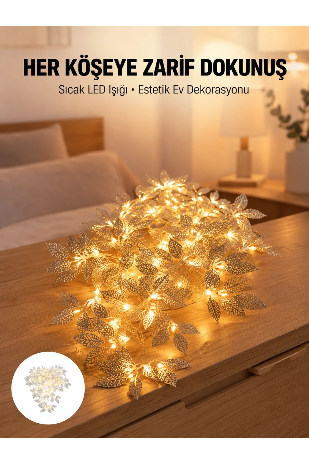 Yaprak Şekilli Gümüş Led Işık Pilli Dekoratif Aydınlatma