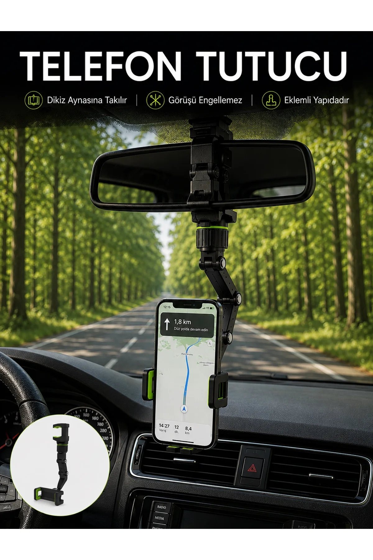 Araç İçi Dikiz Aynası Telefon Tutucu 360° Dönebilen Katlanabilir