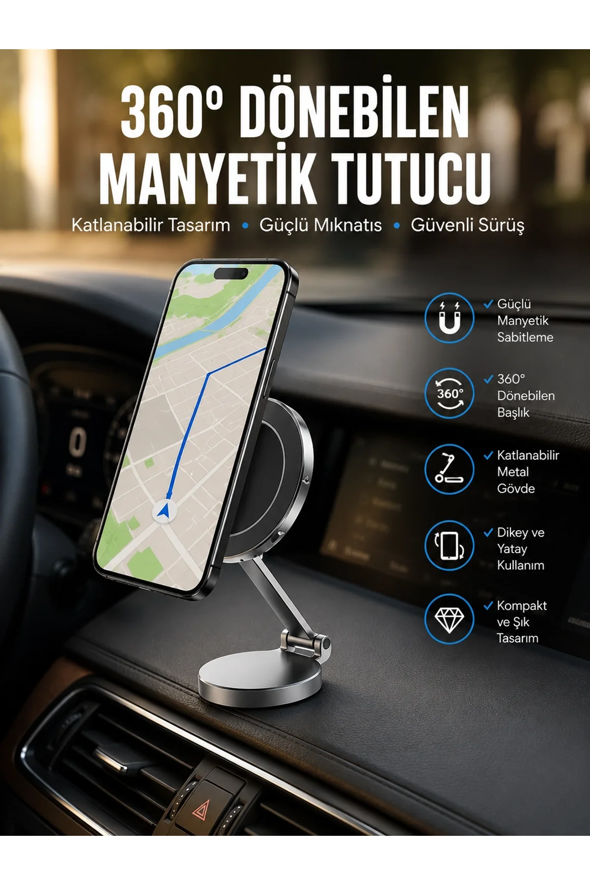 Yeni Nesil Araç İçi Mıknatıslı Telefon Tutacağı Tüm Telefonlara Uyumlu