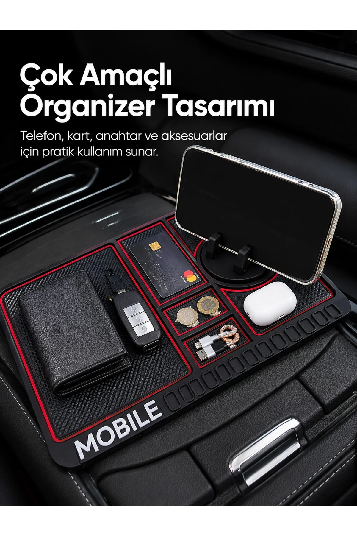 Araç İçi Kaydırmaz Organizer Mat Telefon Standlı Çok Amaçlı Konsol Düzenleyici