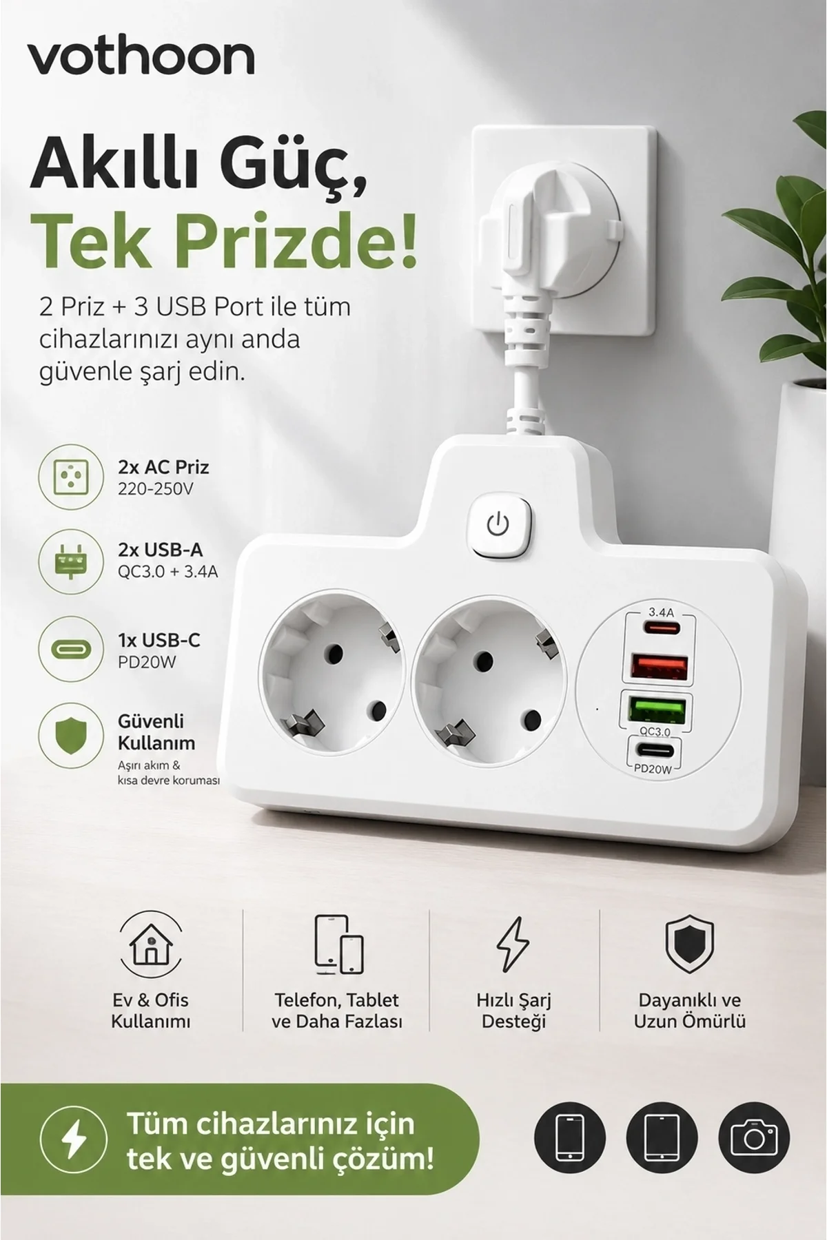 Bkl-502 Akım Korumalı 2li Priz 2 Usb Ve 2 Type-c Çıkış 4000w Hızlı Şarj Duvar Tipi Dokunmatik Led Ay