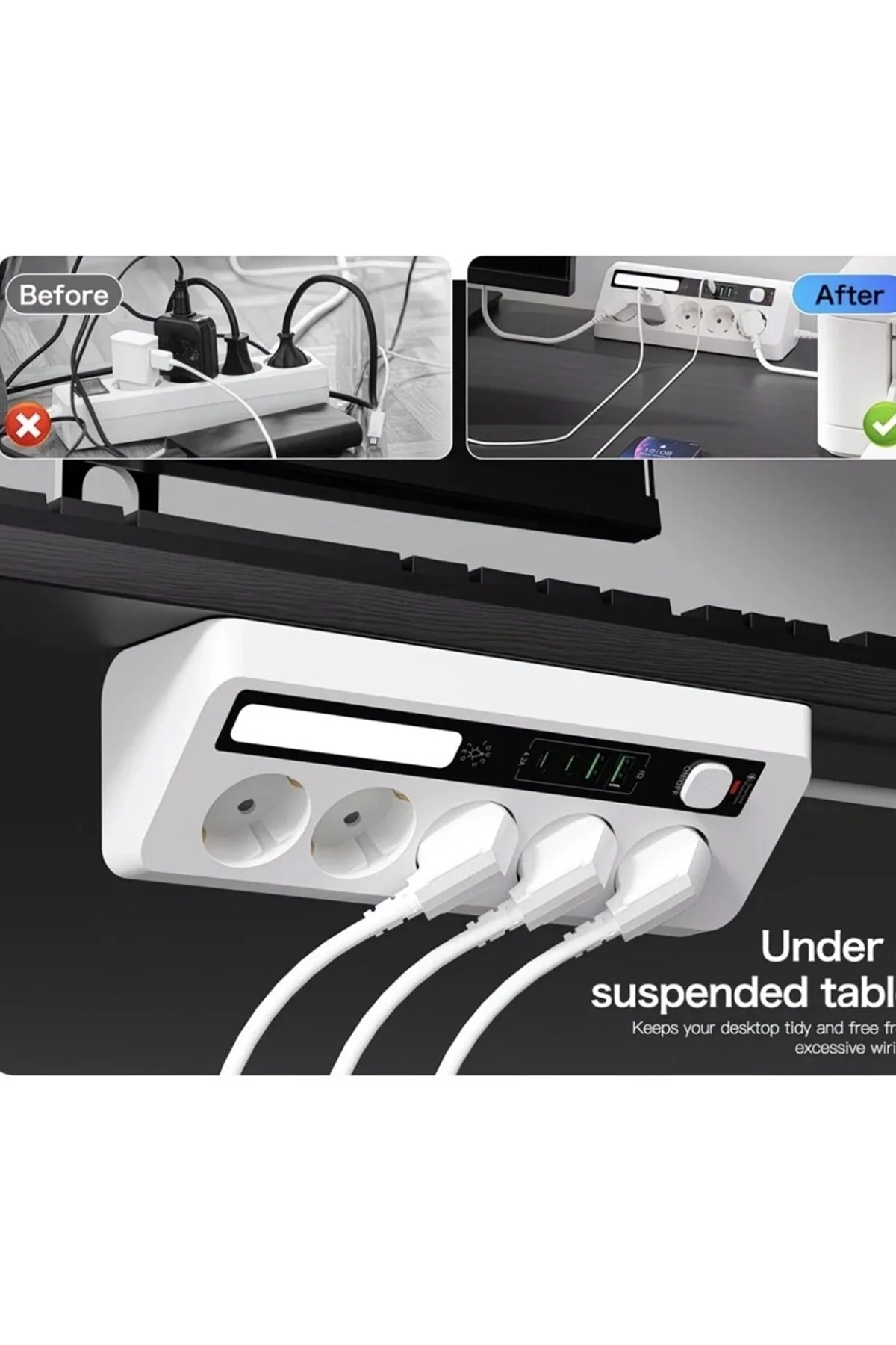 5’li Akım Korumalı Priz 2500w | 2 Usb + 2 Type-c Hızlı Şarj | Led Gece Lambalı | Dokunmatik Beyaz - Just Cheap Store Görsel 2