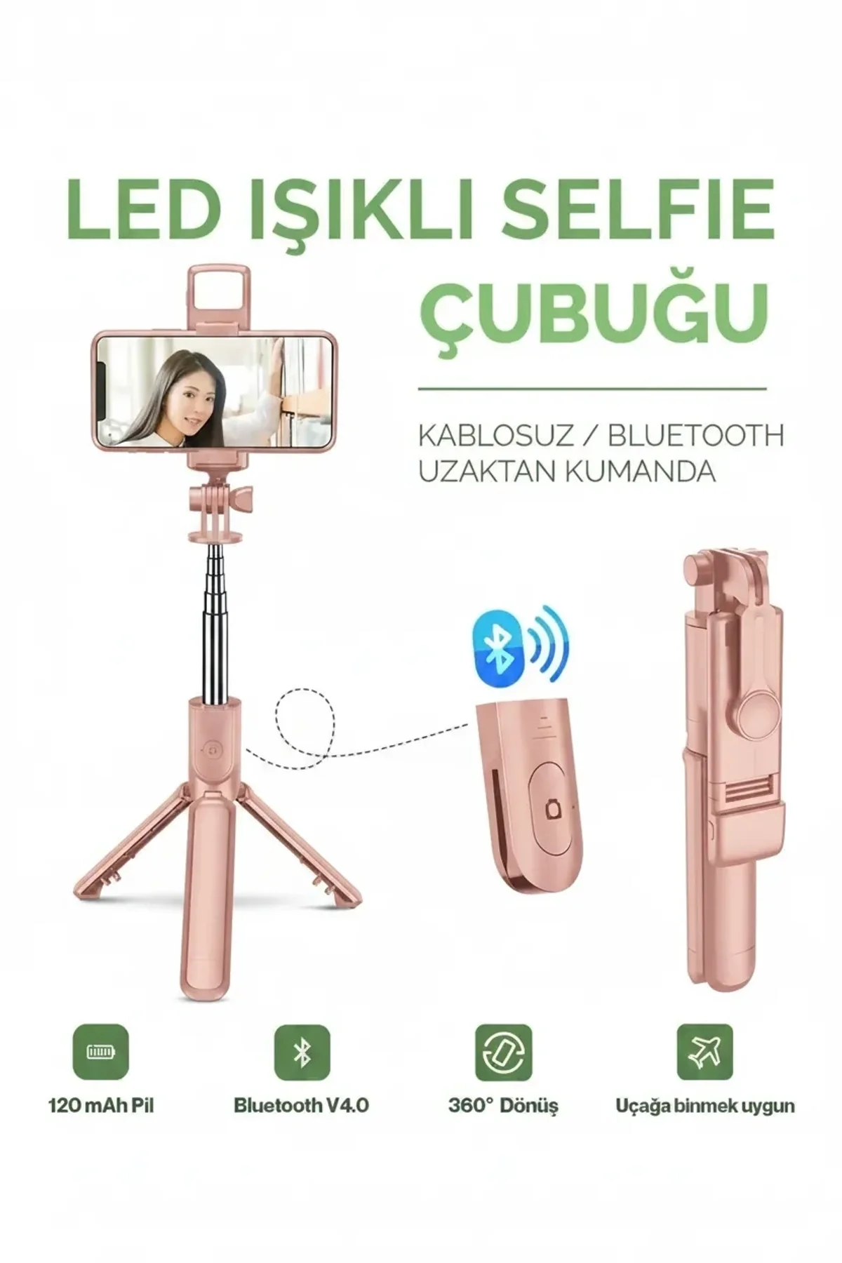 Led Işıklı Selfie Çubuğu Bluetooth Kumandalı Kablosuz Tripot Selfie Monopod Selfie Stick (pembe)