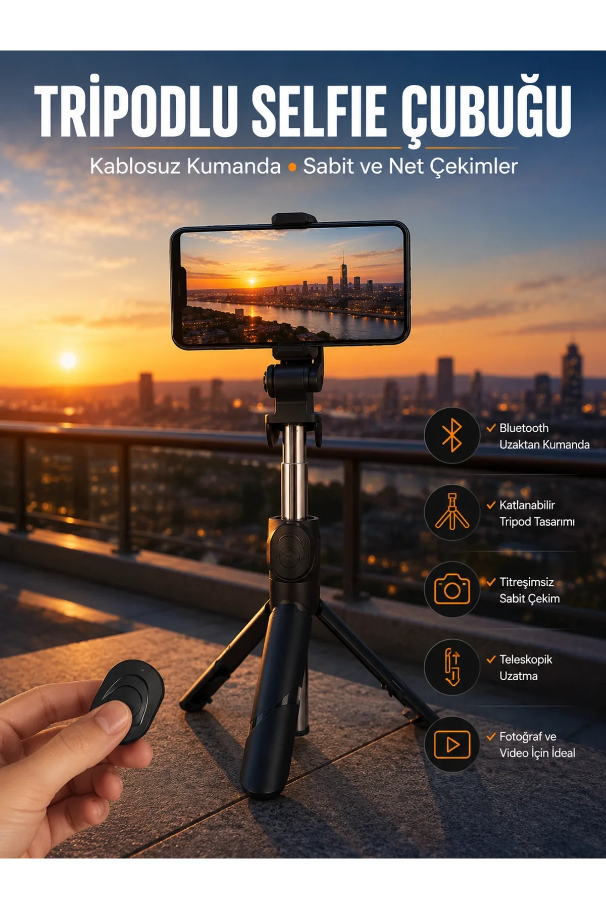 Selfie Çubuğu Tripod Kumandalı Telefon Tutucu Siyah