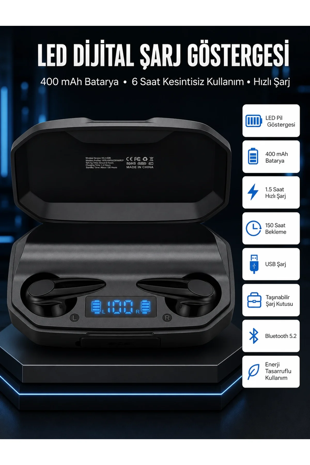 Rgb Işıklı Çift Mikrofonlu Siyah Profesyonel Kulaklığı Kablosuz Kulakiçi