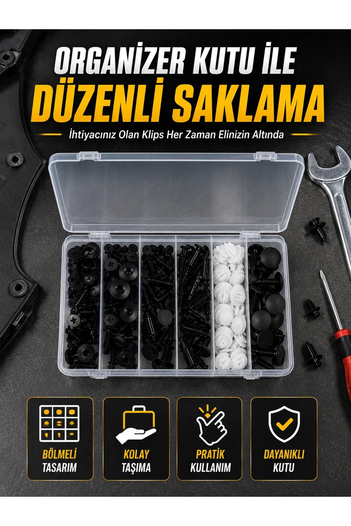 Profesyonel Oto Klips Tamir Seti 6 Farklı Model Plastik Sabitleme Pimi Organizer Kutulu
