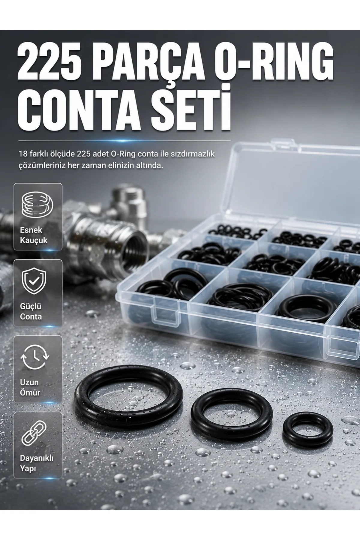 Organizer Kutulu O-ring Conta Seti 225 Parça | Dayanıklı Kauçuk Sızdırmazlık Contaları