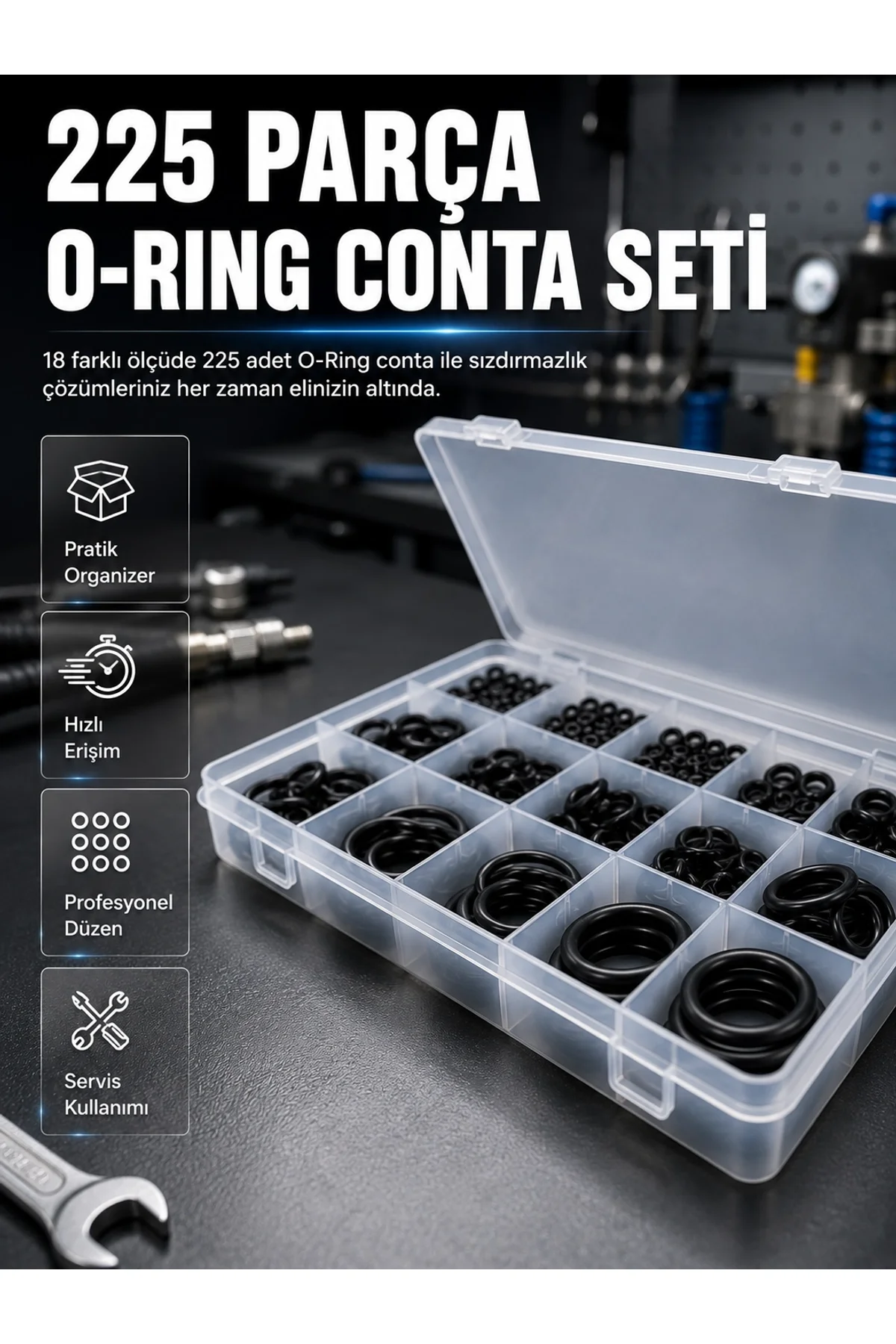 225 Parça O-ring Conta Seti 18 Farklı Ölçü Kauçuk Sızdırmazlık Conta Organizer Kutulu