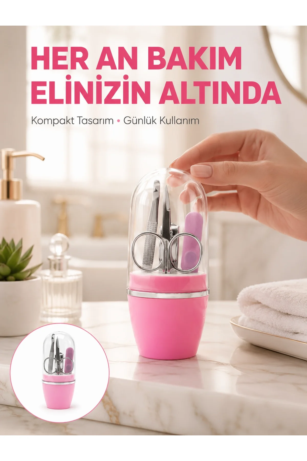 Tırnak Bakım Manikür Pedikür Seti 4 Parça Pembe Pratik Günlük Kullanım Yeni Nesil