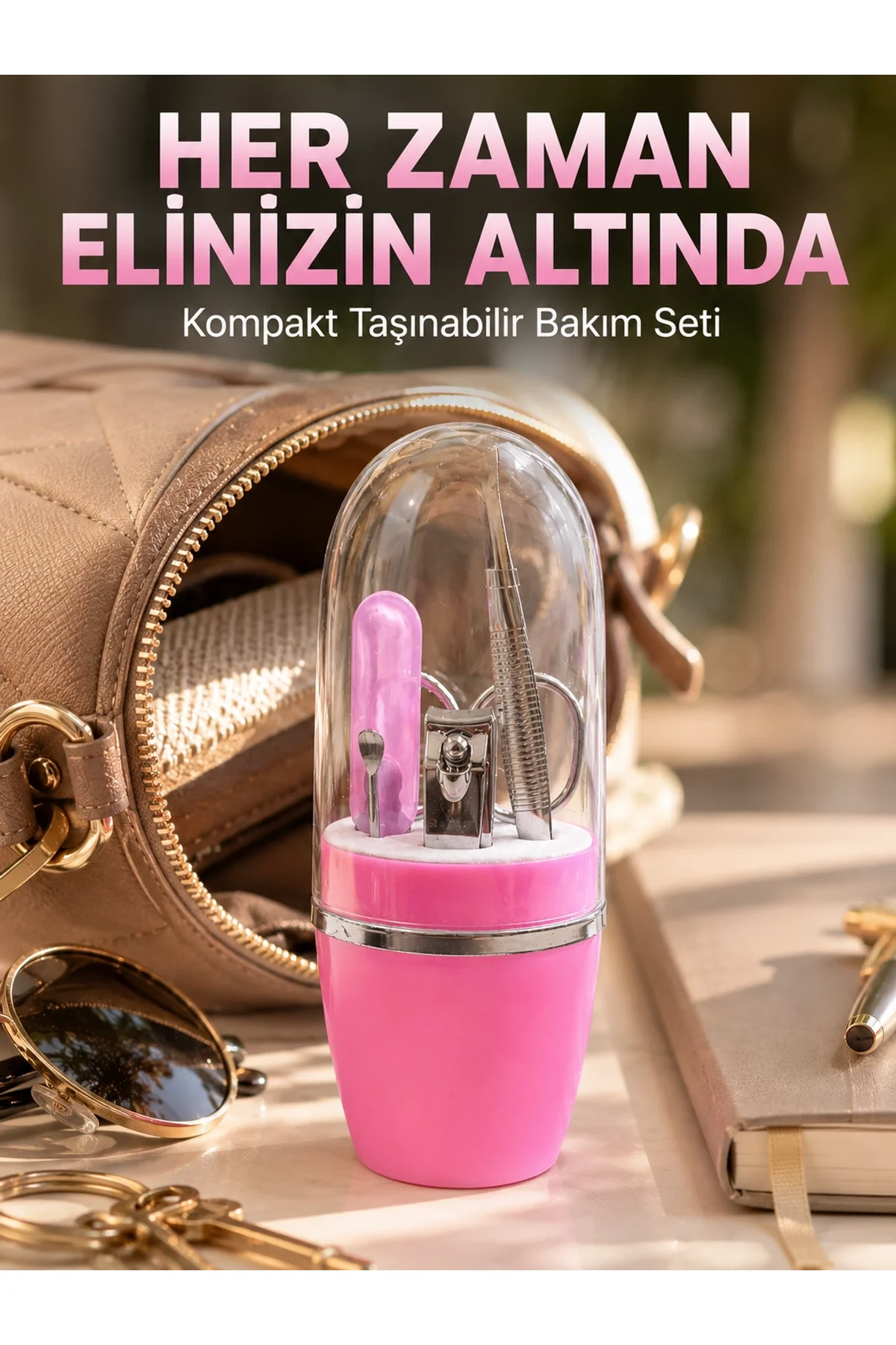 Pembe Manikür Pedikür Bakım Seti Cımbız Tırnak Makası Makas Törpü