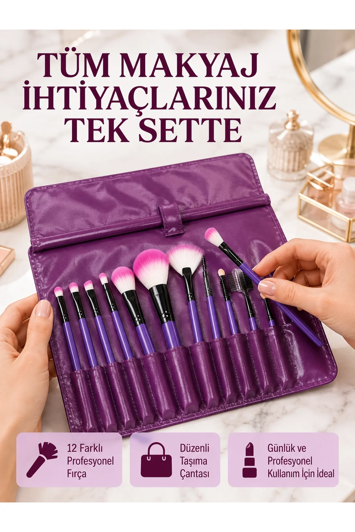 Yumuşak Fiber Kıllardan Oluşan 12'li Makyaj Fırçası Seti Göz Farı Allık Ve Kontür İçin
