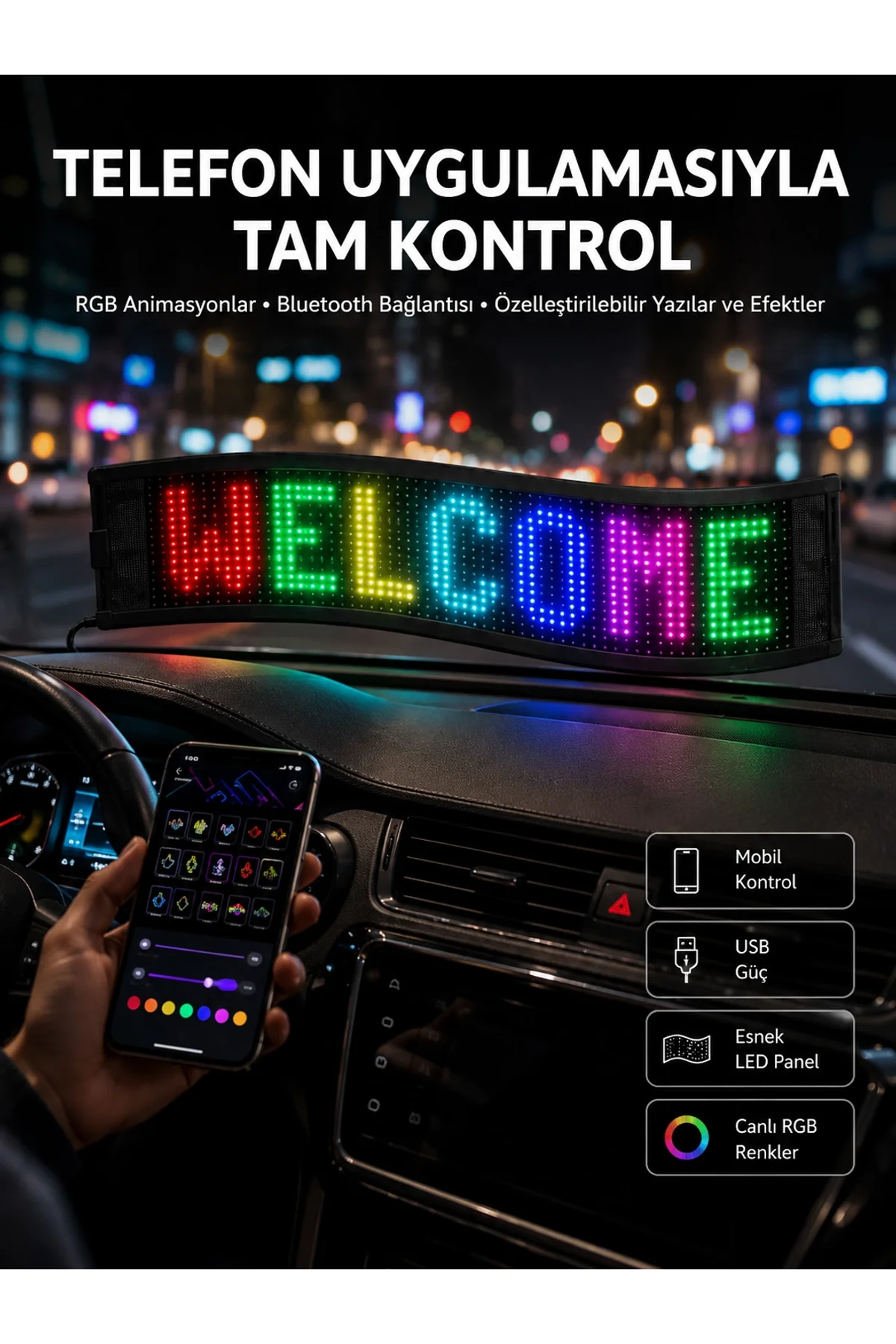 Matrix Led Cama Yapışan Telefon Kontrollü Panel Dijital Ekran Kumandalı