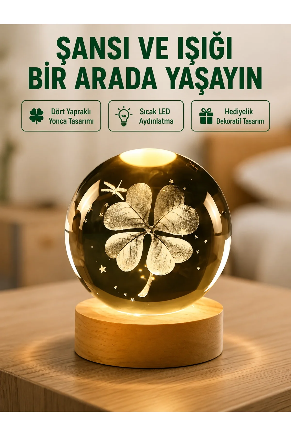 Yonca Figürlü Cam Küre Usb Işıklı Ahşap Tabanlı Dekoratif Masa Lambası