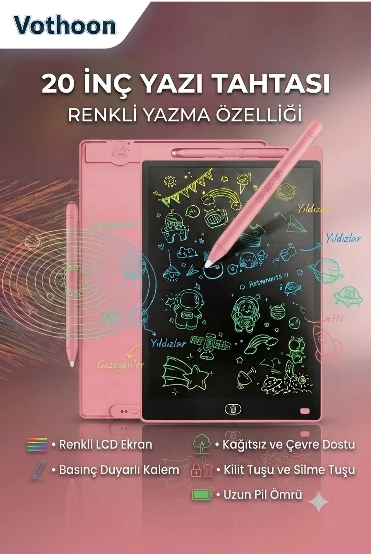 20 Inc Renkli Lcd Grafik Dijital Kalemli Çizim Tableti Yazı Tahta Not Yazma Eğitim Tableti Pembe - Just Cheap Store Görsel 3