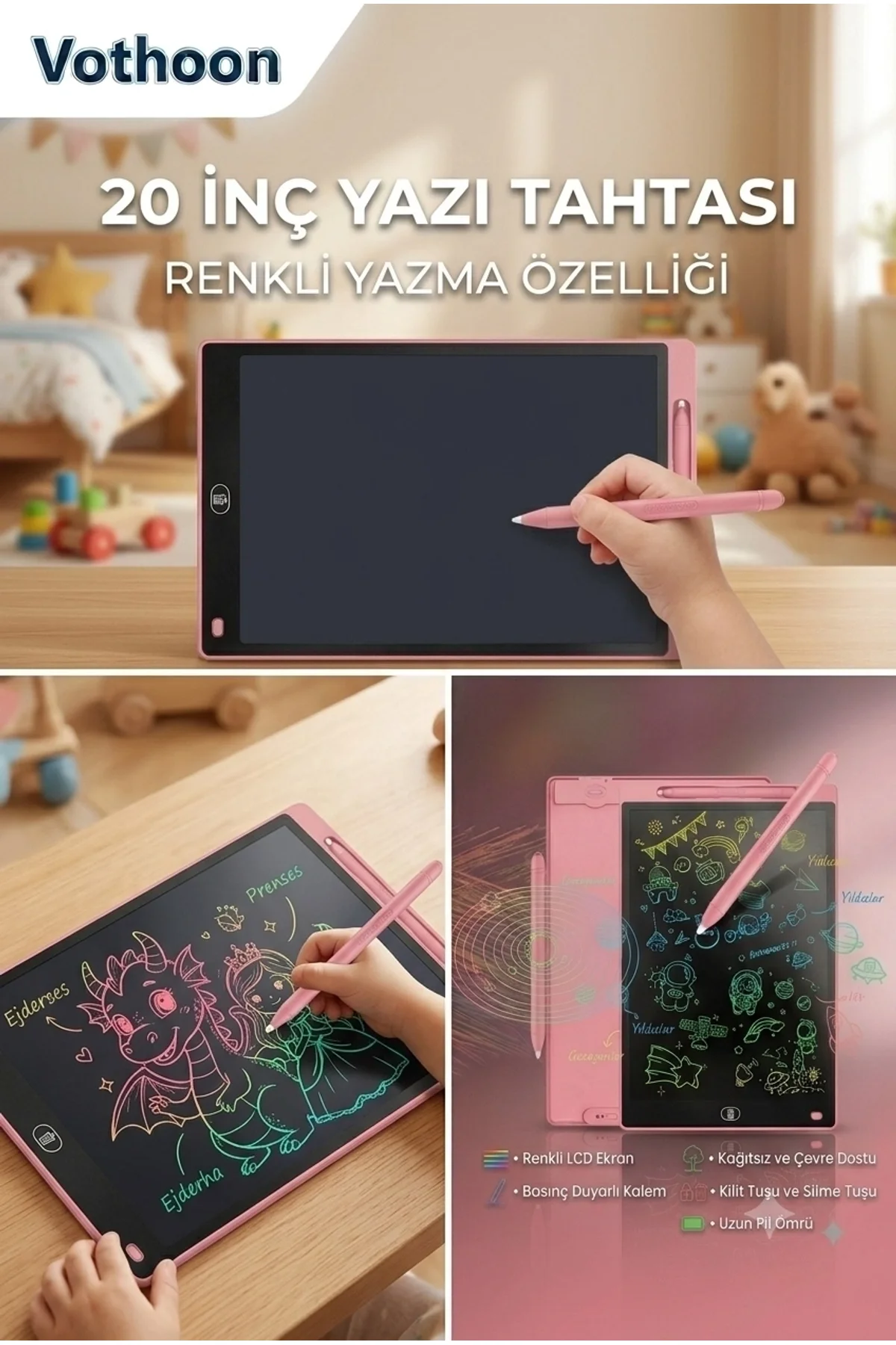 20 Inc Renkli Lcd Grafik Dijital Kalemli Çizim Tableti Yazı Tahta Not Yazma Eğitim Tableti Pembe - Just Cheap Store Görsel 2