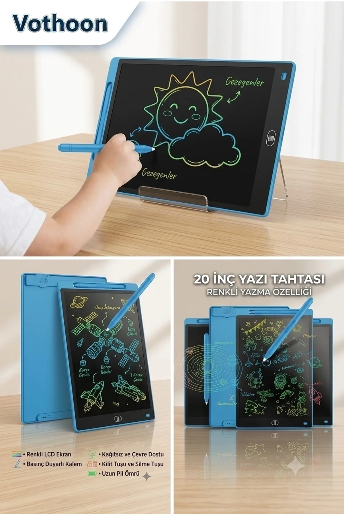 20 Inc Renkli Lcd Grafik Dijital Kalemli Çizim Tableti Yazı Tahta Not Yazma Eğitim Tableti Mavi - Just Cheap Store Görsel 2
