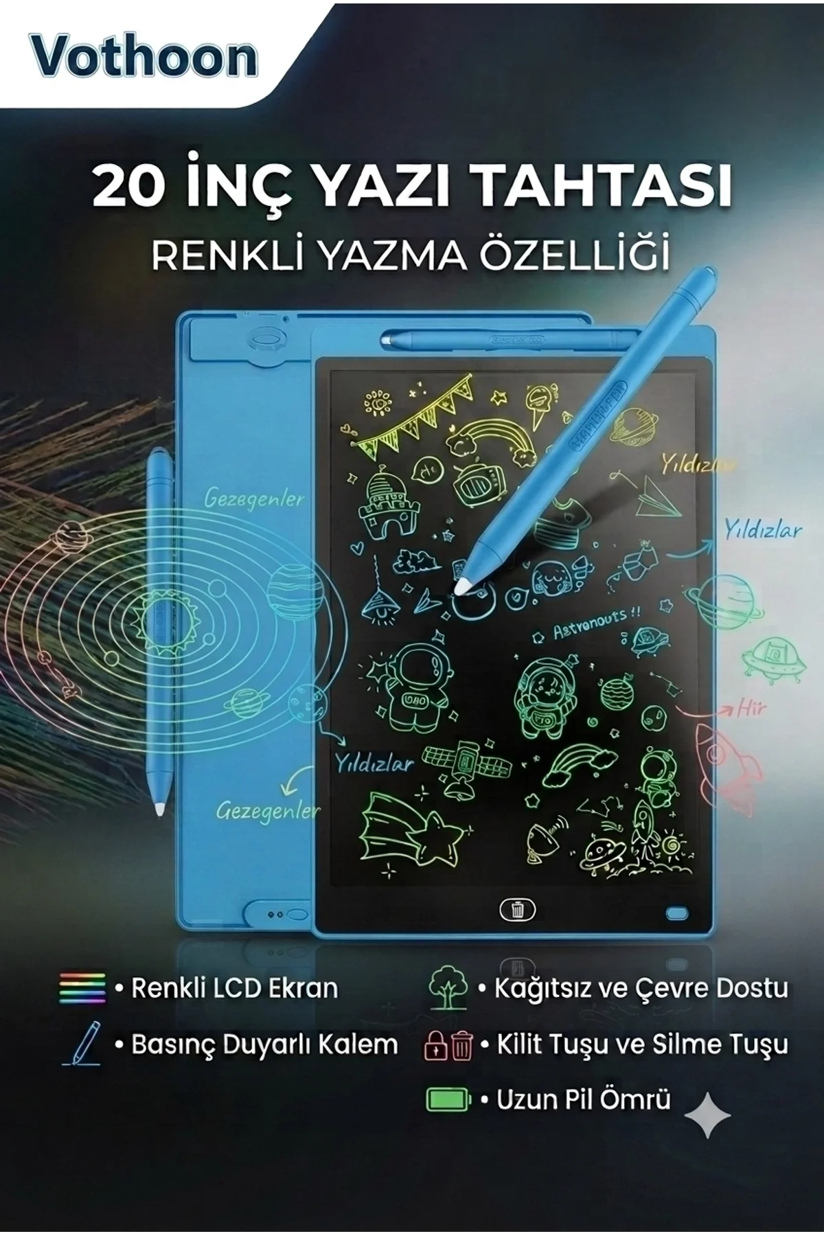 20 Inc Renkli Lcd Grafik Dijital Kalemli Çizim Tableti Yazı Tahta Not Yazma Eğitim Tableti Mavi
