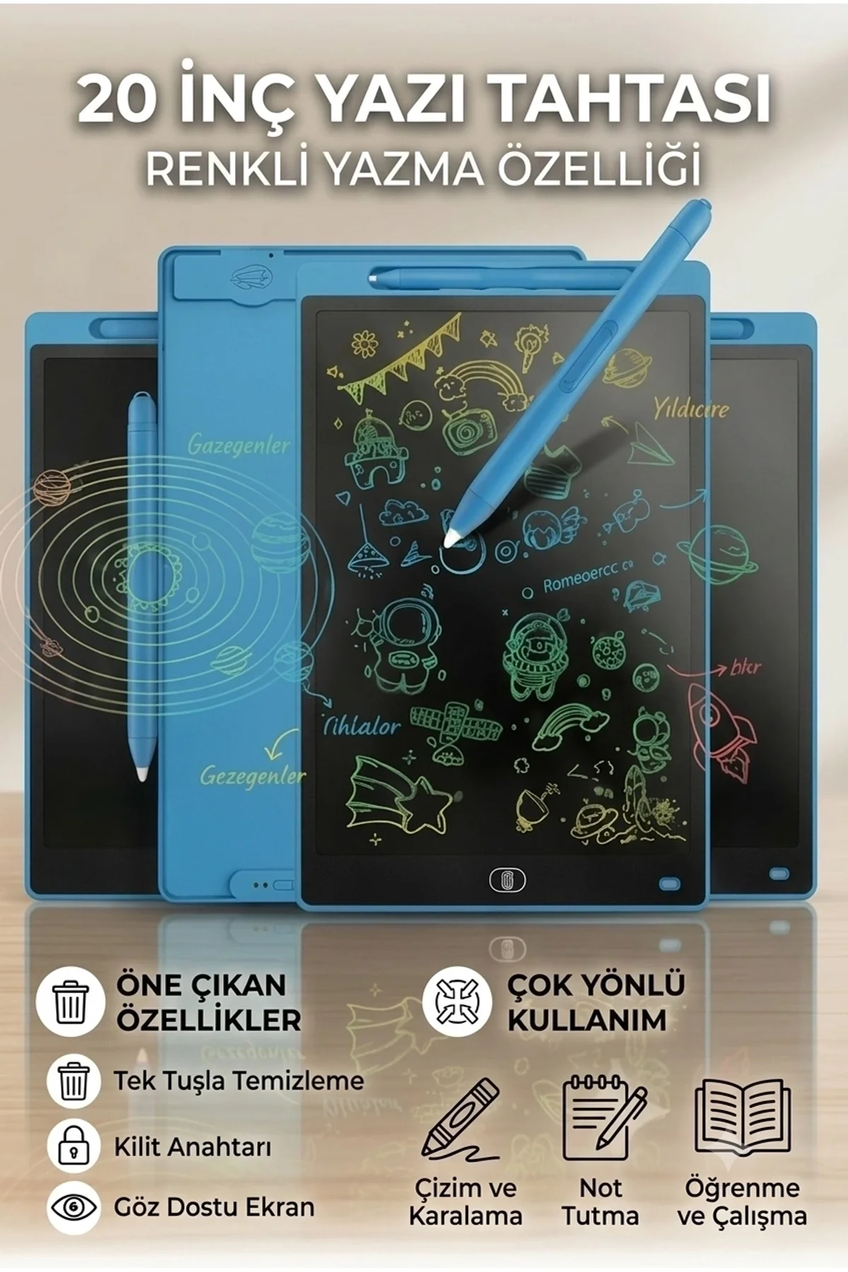 20 Inc Renkli Lcd Grafik Dijital Kalemli Çizim Tableti Yazı Tahta Not Yazma Eğitim Tableti Mavi - Just Cheap Store Görsel 3