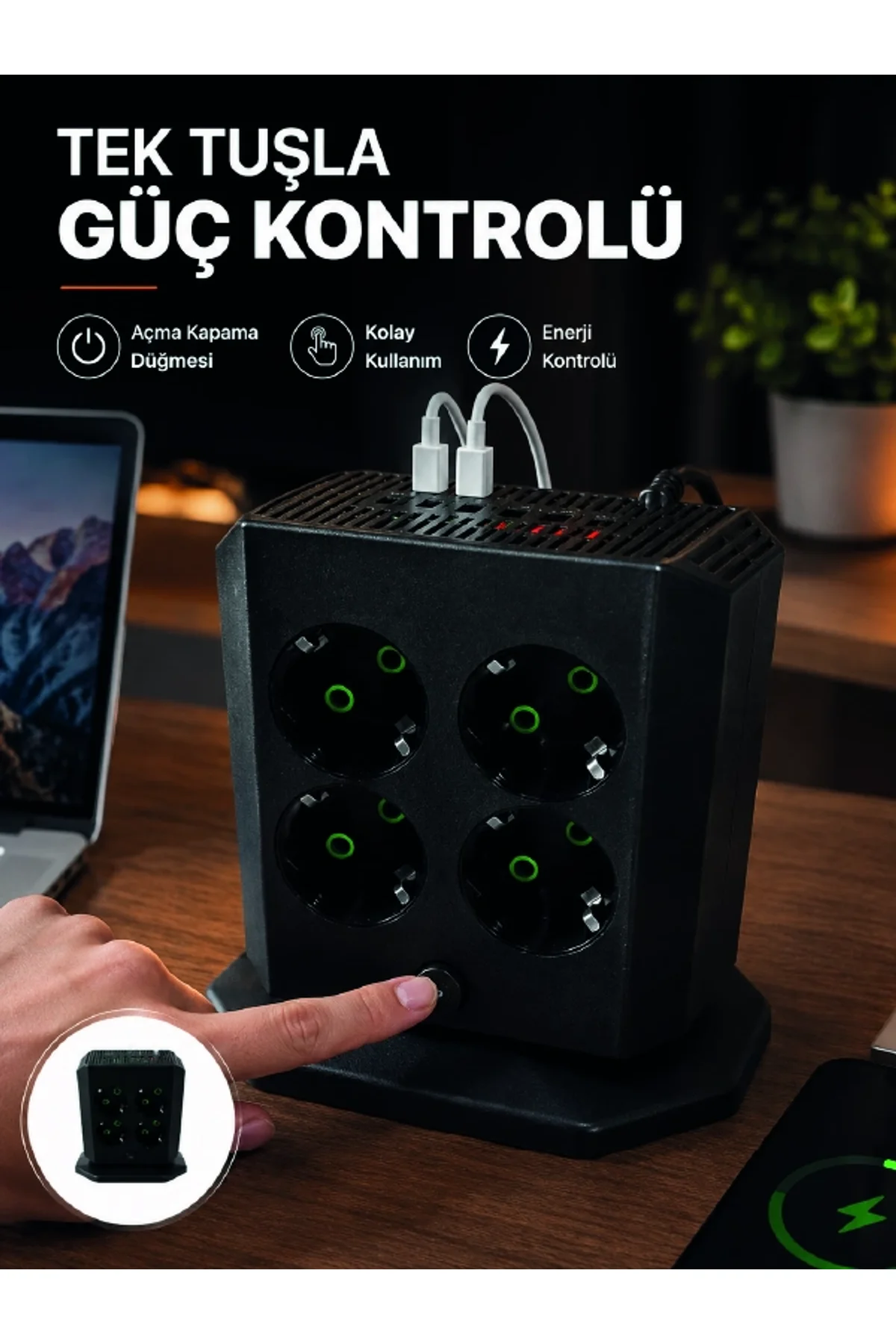 Akım Korumalı 8'li Dikey Priz 4 Usb 2 Type-c Hızlı Şarj Destekli Çoklu Priz
