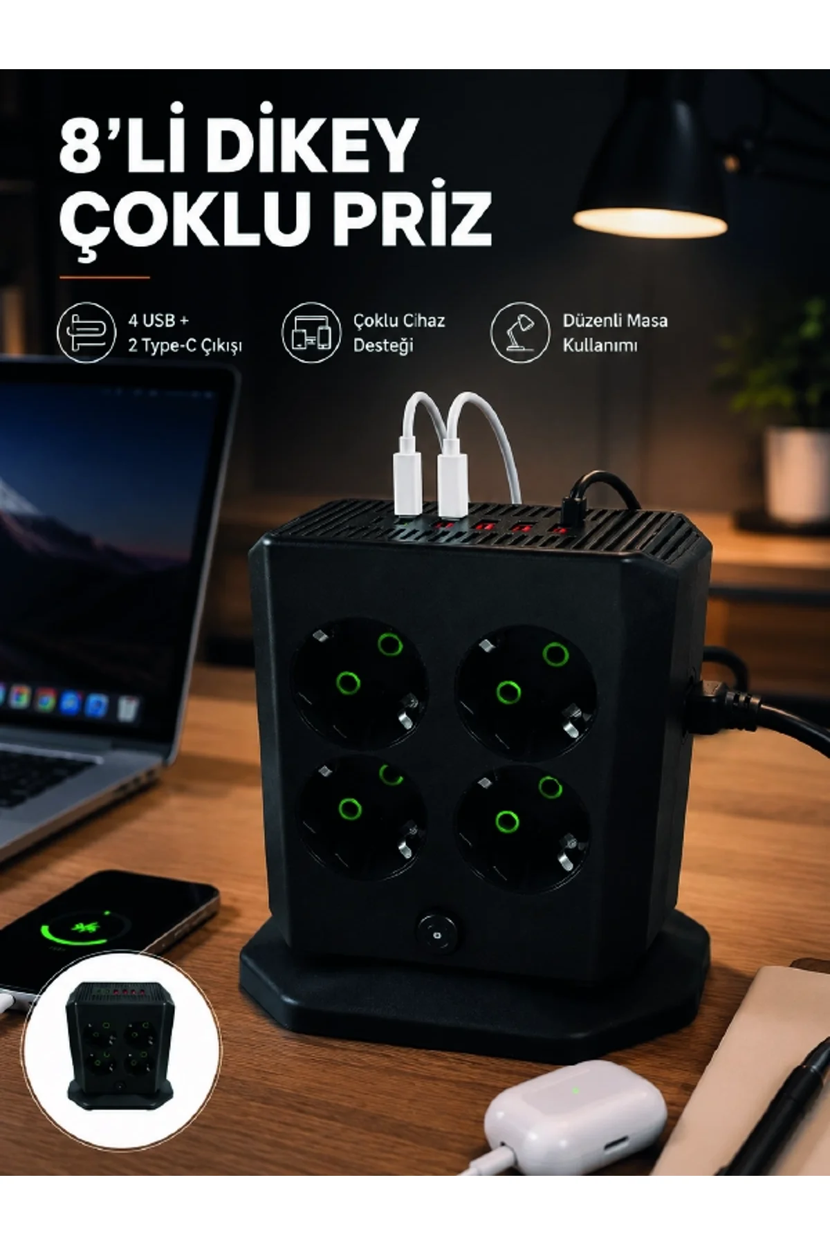 8'li Dikey Çoklu Priz 4 Usb 2 Type-c Girişli Akım Korumalı Uzatma Prizi