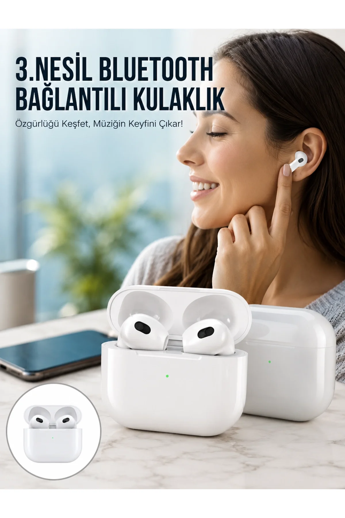 3.nesil İos Android Uyumlu Bluetooth 5.0 Beyaz Çağrı Cevaplama Yeni Nesil