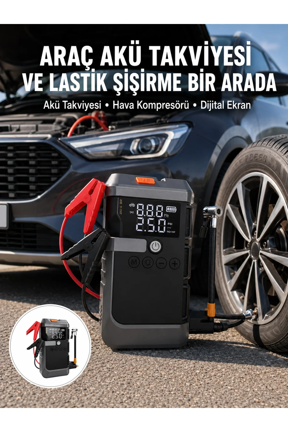 Araç İçin 4 Fonksiyonlu Akü Takviye Ve Lastik Şişirme Cihazı Yeni Nesil
