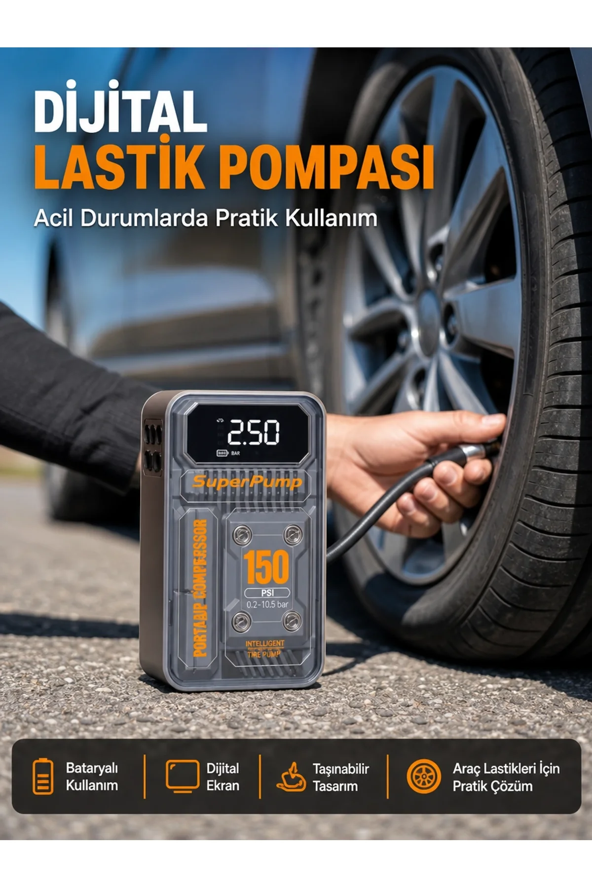 150 Psı Kablosuz Dijital Ekranlı Taşınabilir Araç Lastik Pompası