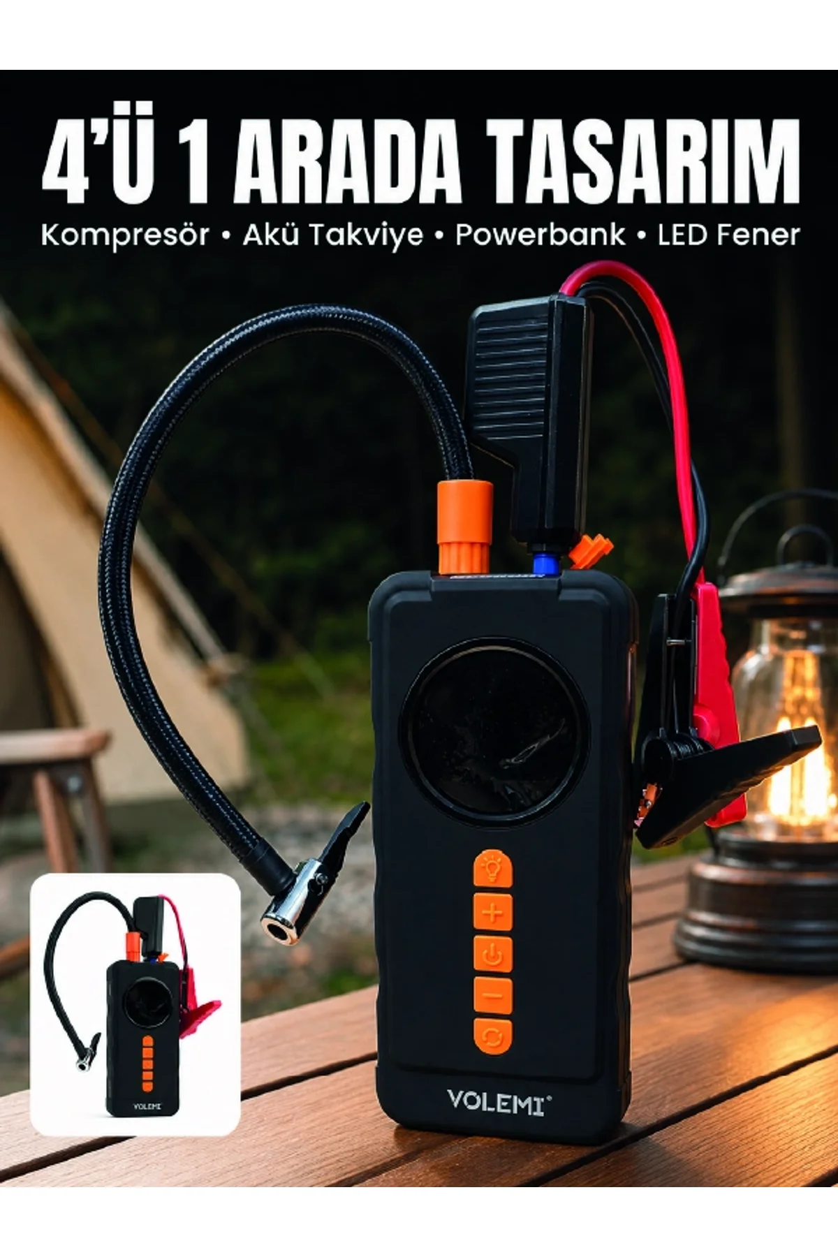 4'ü 1 Arada Akü Takviye Cihazı Dijital Lastik Şişirme Kompresörü 10000mah Powerbank Ve Led Fener