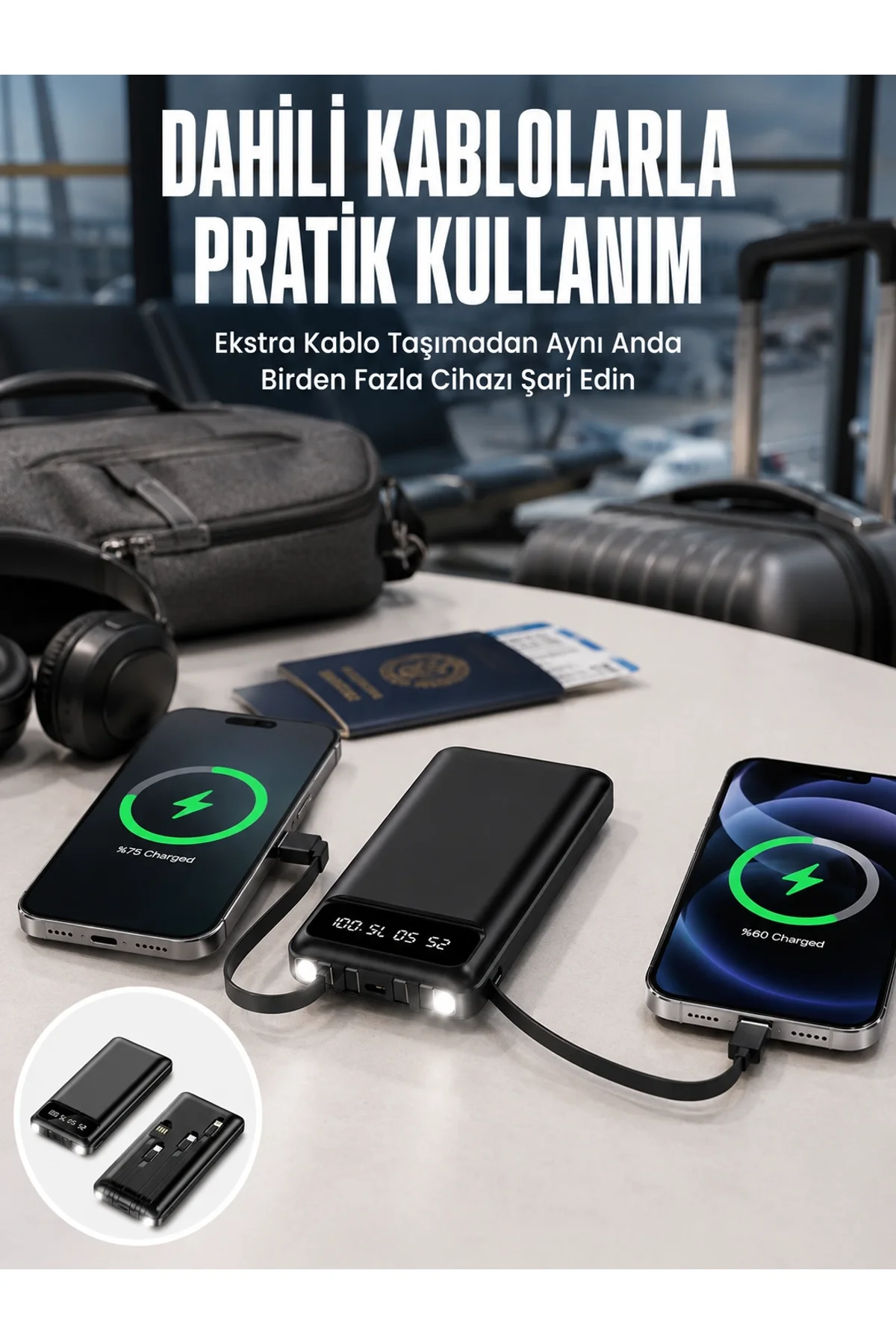 20.000 Mah Led Işıklı Lcd Ekran Usb Girişli Type-c Lightning Powerbank Yeni Nesil