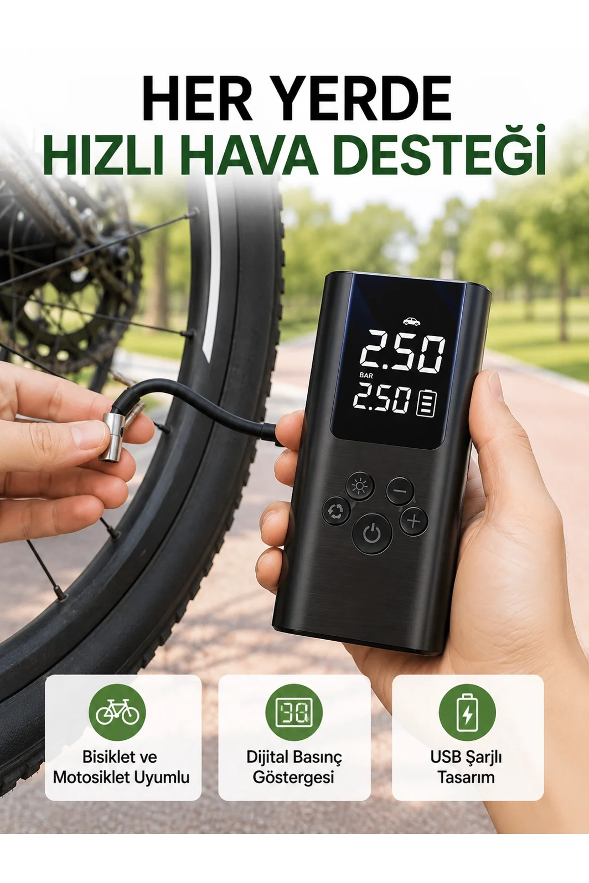 Led Işıklı Dijital Hava Pompası Araba Bisiklet Uyumlu