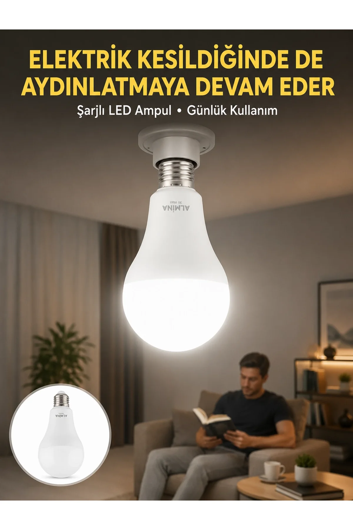 Acil Durumlar İçin Şarjlı Led Ampul 6400k Soğuk Beyaz 30 Watt Yeni Nesil