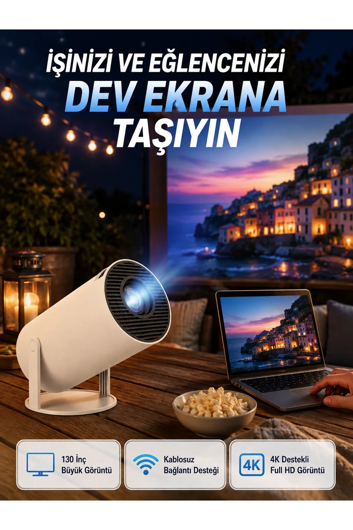 Full Hd 4k Destekli Akıllı Projeksiyon – 130 İnç Ekran, Uzun Ömürlü Ampul Ve Çoklu Giriş
