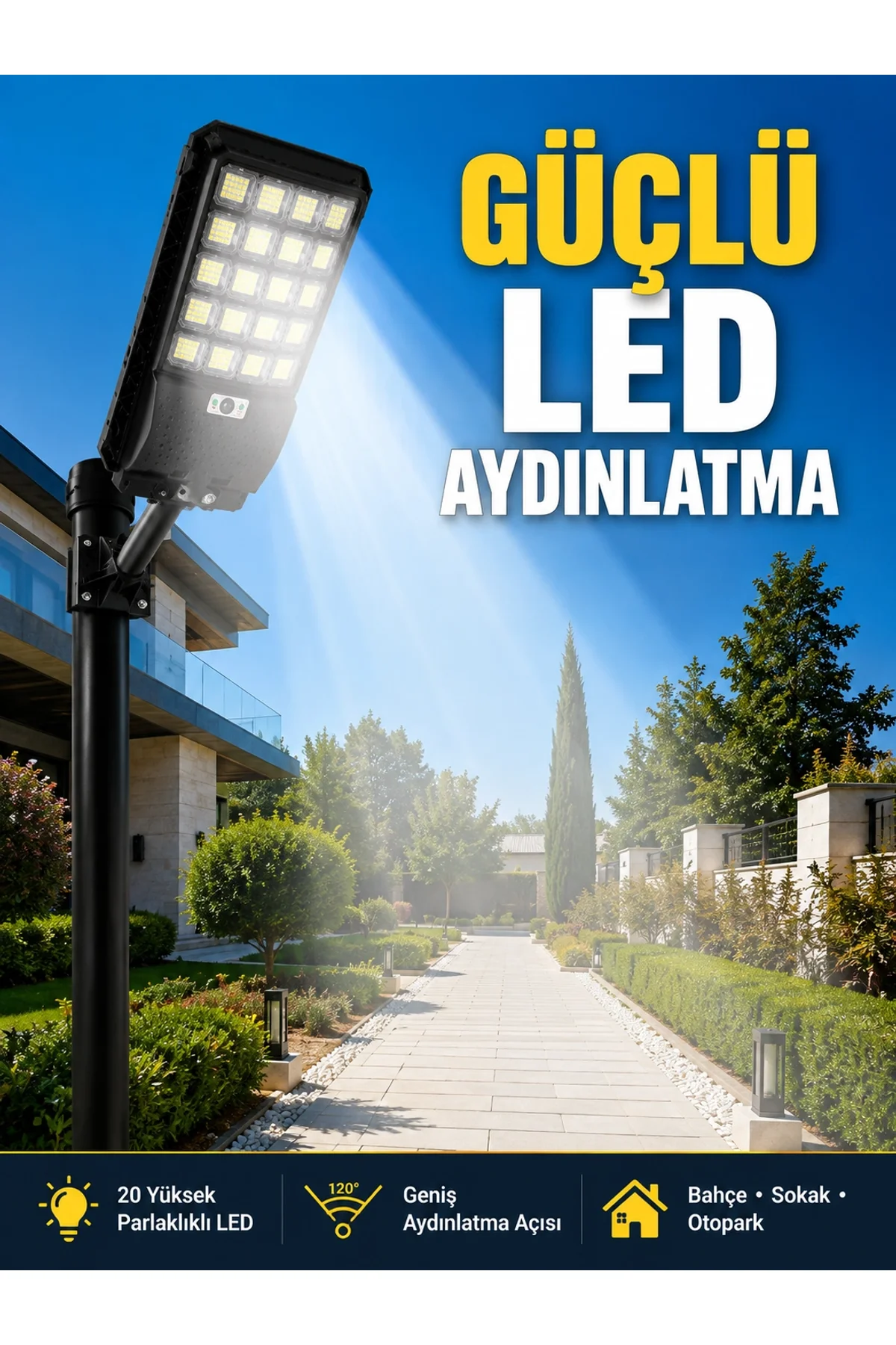 Hareket Sensörlü Solar Led Aydınlatma 3 Modlu Uzaktan Kumandalı Bahçe Lambası