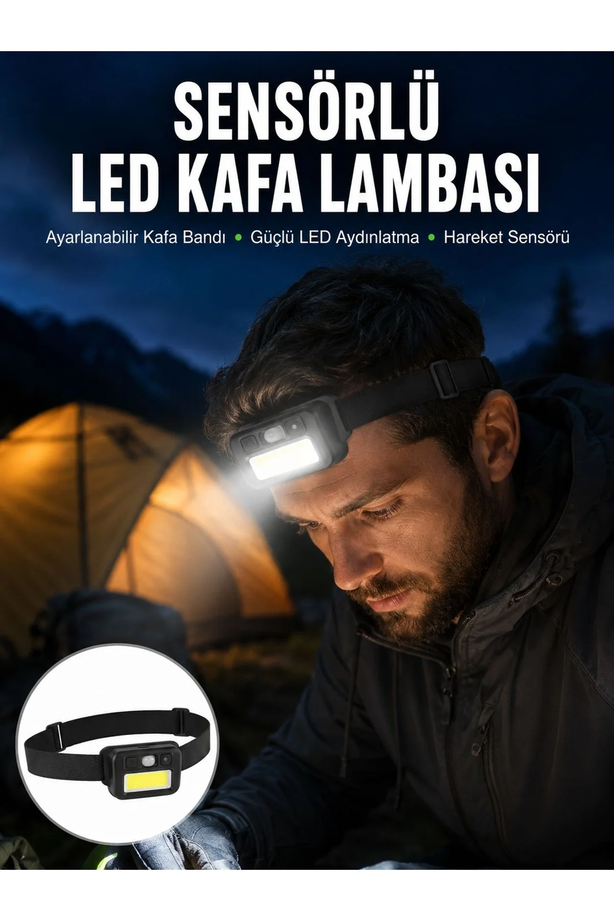 Sensörlü Kamp Lambası Ayarlanabilir Kafa Lambası Kafa Bantlı Yeni Nesil