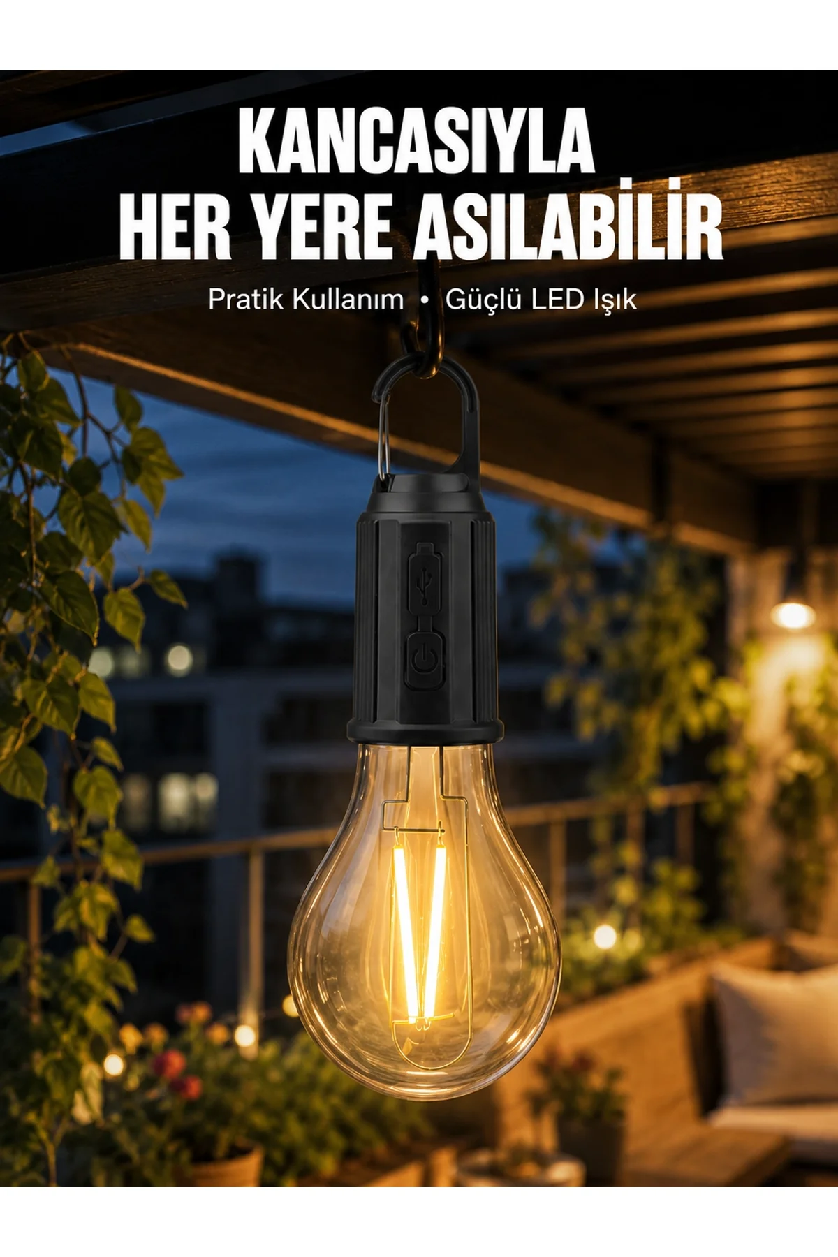 Taşınabilir Şarjlı Led Ampul Askılı Lamba Kamp Bahçe Lambası