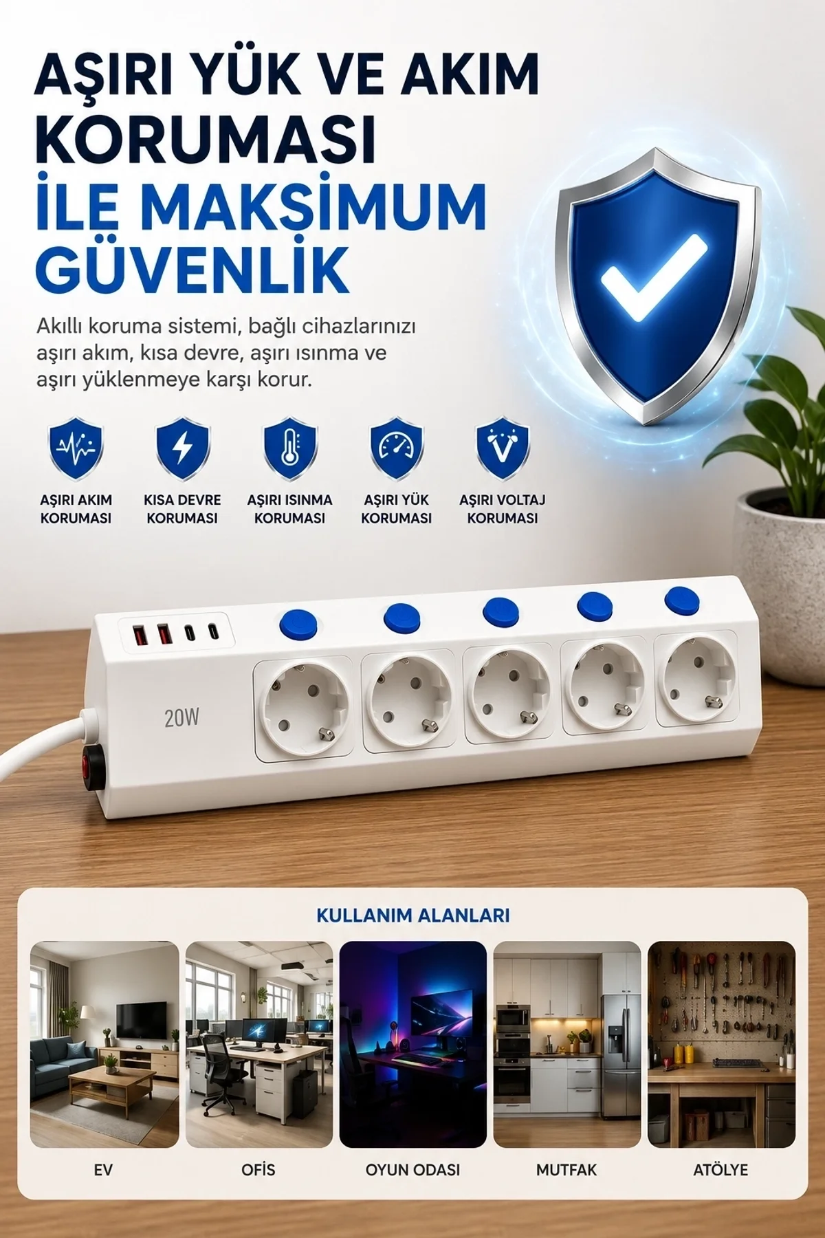 5’li Akım Korumalı Çoklu Priz 2 Metre Kablolu 3680w 16a 5 Anahtarlı 2usb-a 2 Usb-c Pd 20w Hızlı Ftr - Just Cheap Store Görsel 2