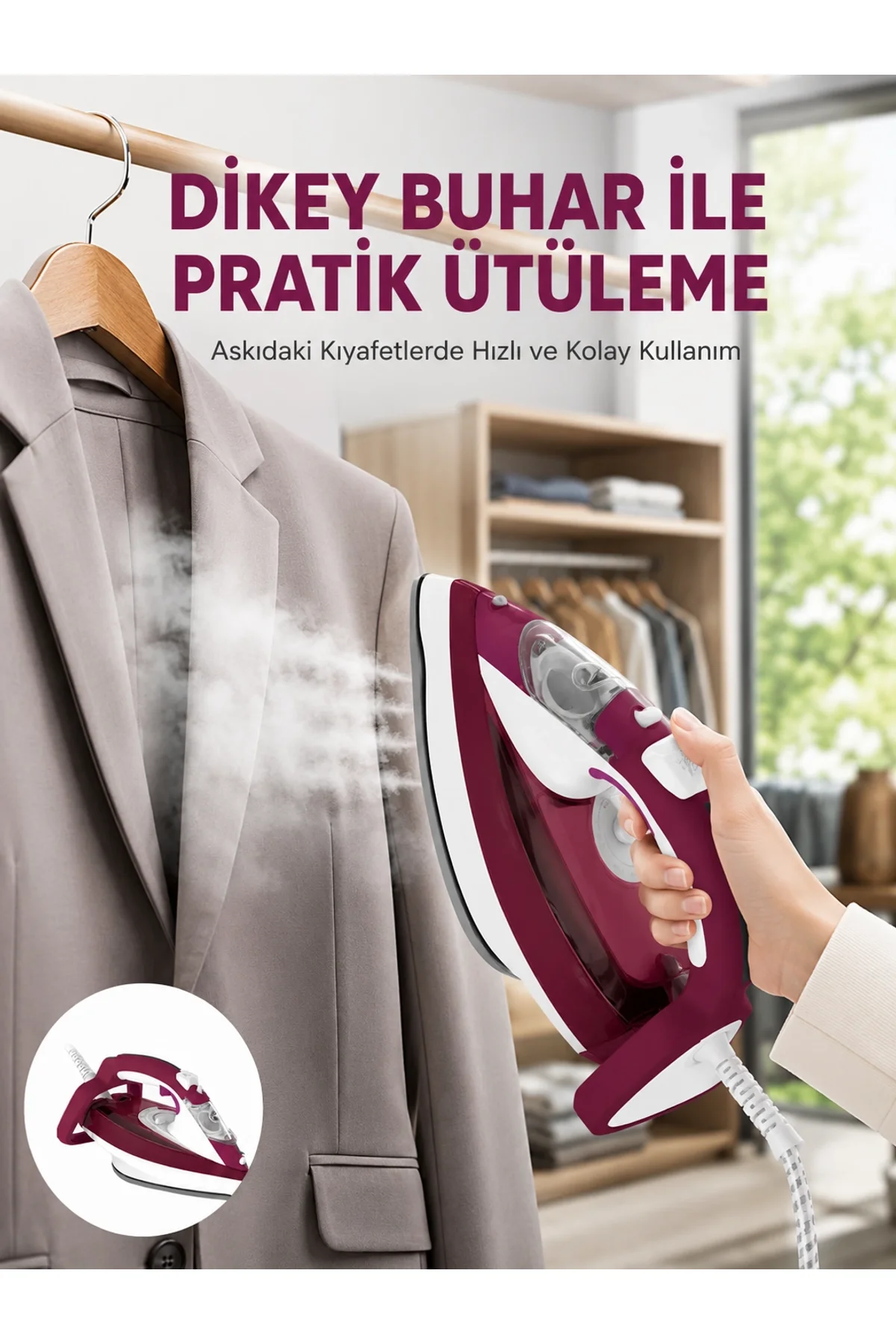 Yeni Nesil Kırmızı Buharlı Ütü 2200 Watt Seramik Tabanlı Yüksek Buhar Gücü