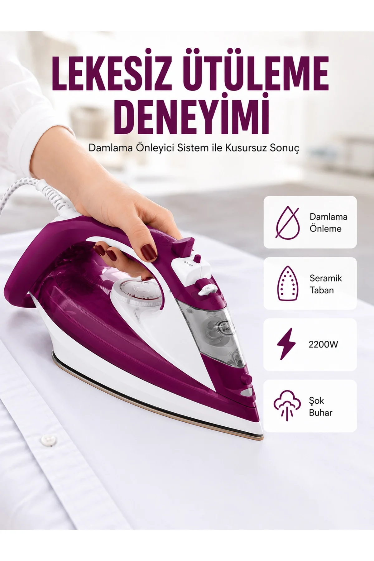 Yeni Nesil Kırmızı Buharlı Ütü 2200 Watt Seramik Tabanlı Yüksek Buhar Gücü Yeni Nesil