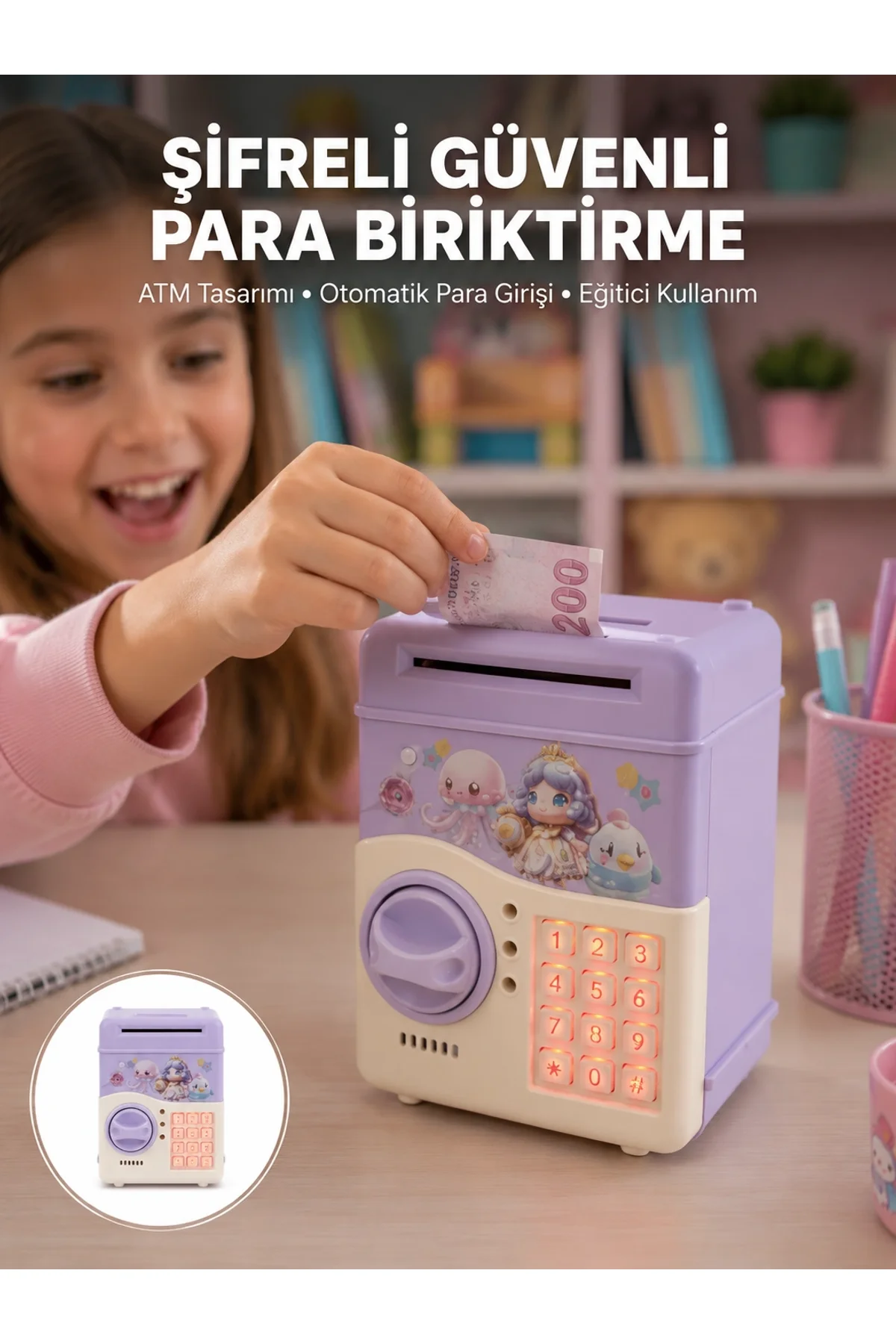 Çocuklar İçin Elektronik Şifreli Para Biriktirme Kumbarası Mor