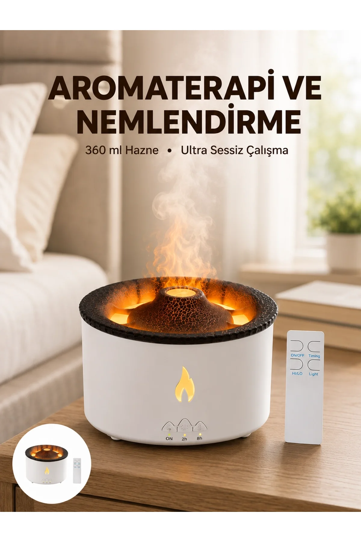 Alev Efektli Aromaterapi Difüzörü – 360 Ml Su Hazneli, Sessiz Ve Zaman Ayarlı Yeni Nesil