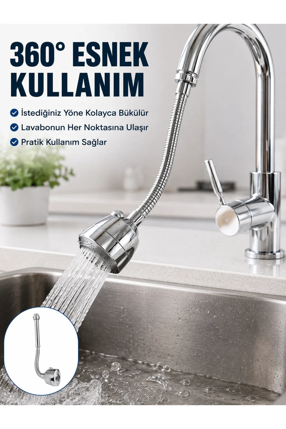Krom Musluk Uzatma Aparatı 360° Dönebilen Su Tasarruflu Lavabo Fıskiyesi