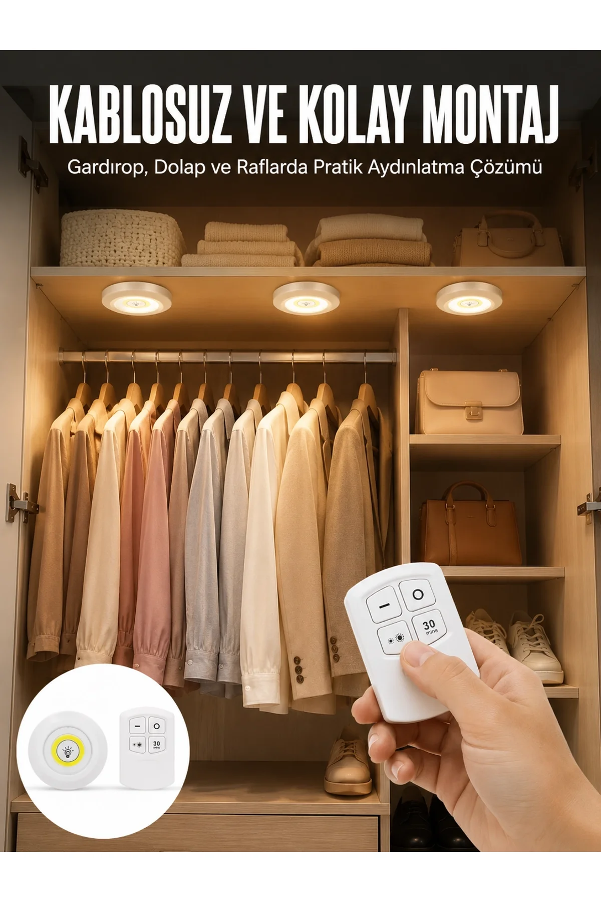 Led Lamba 3'lü Uzaktan Kumandalı Yapışkanlı Beyaz Işık (kopya)