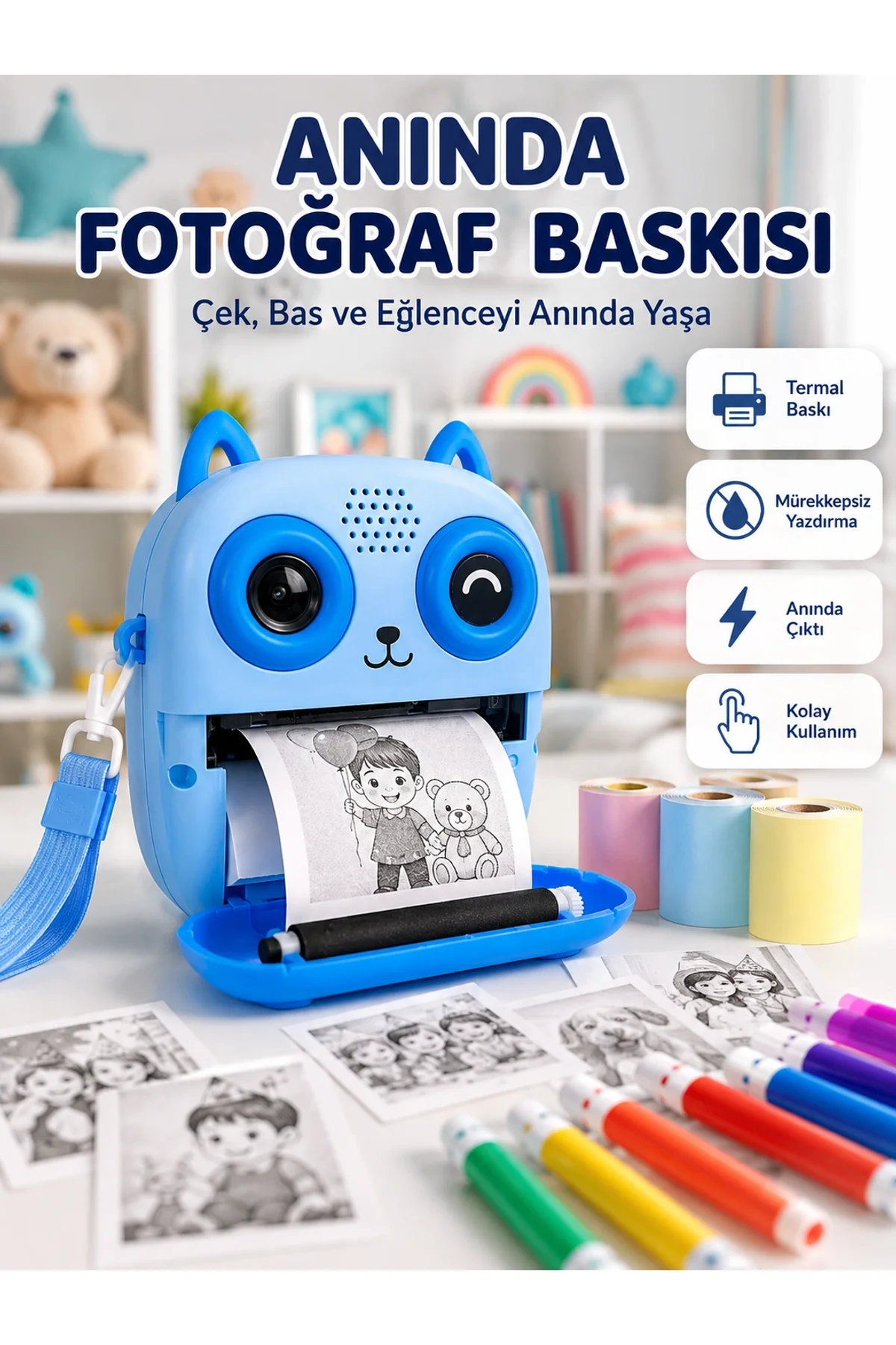 2.4'' Ips Ekranlı Çocuk Fotoğraf Makinesi Hd Çekim Ve Anında Baskı Keyfi
