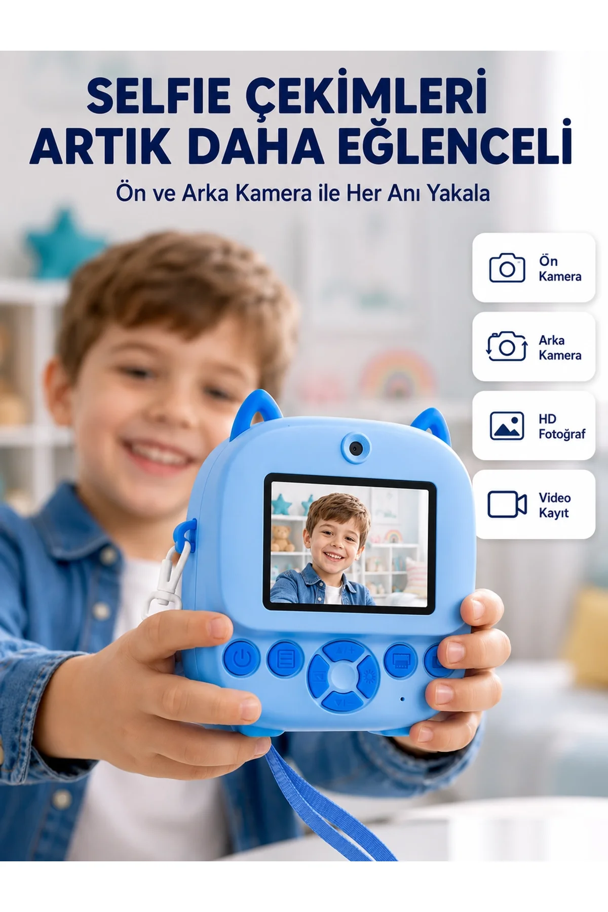 Selfie Özellikli Çocuk Fotoğraf Makinesi Mürekkepsiz Termal Baskı Teknolojisi