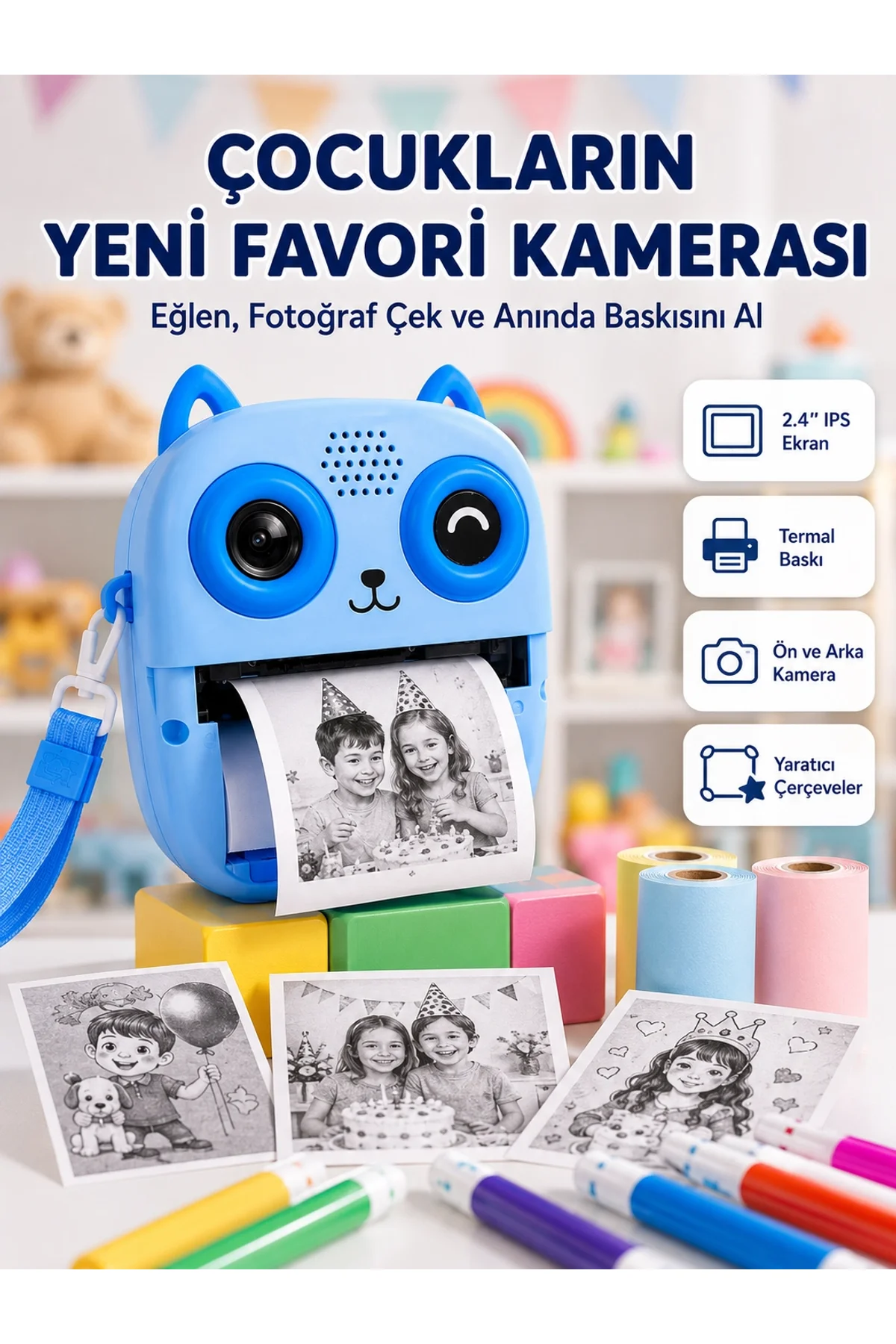 Anında Baskılı Çocuk Fotoğraf Makinesi Termal Yazıcılı Selfie Kamerası