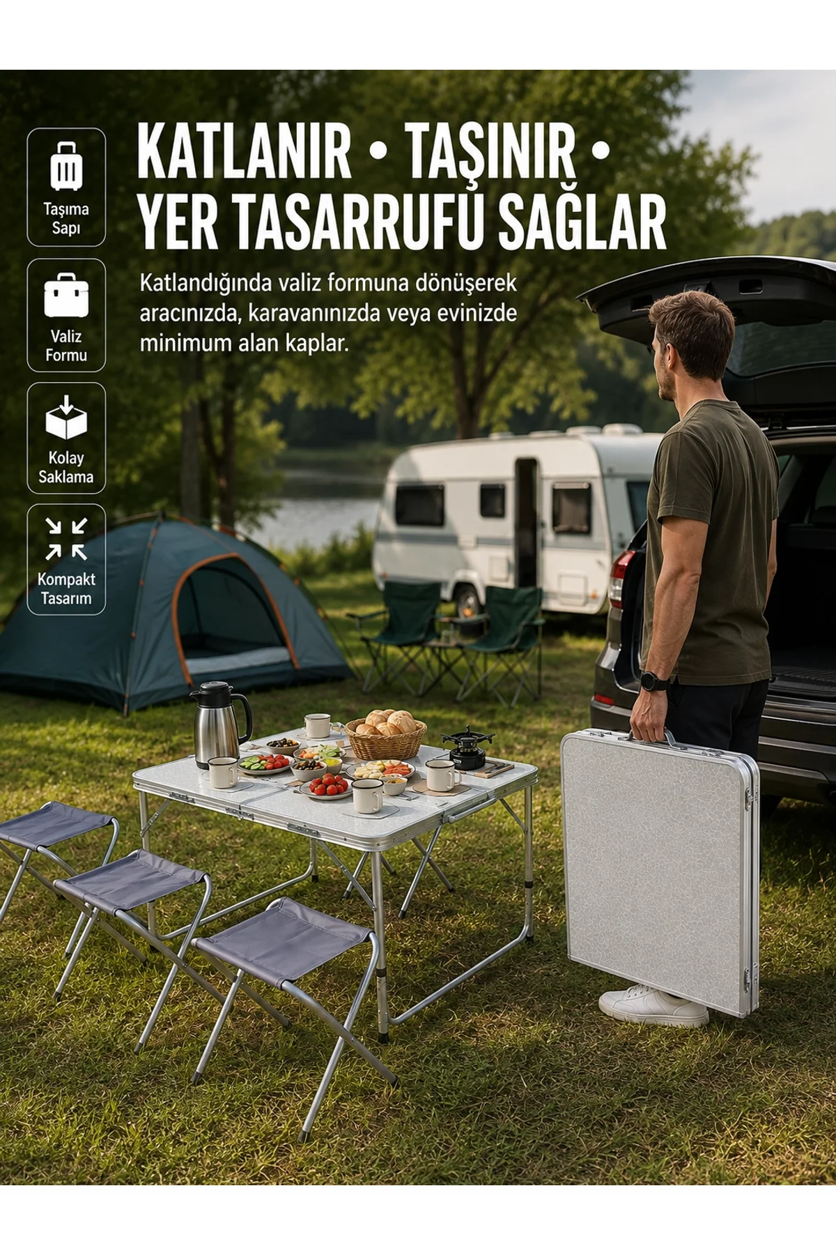 Ayarlanabilir Yükseklikli Kamp Ve Piknik Masası 4 Kişilik Katlanabilir Masa Seti