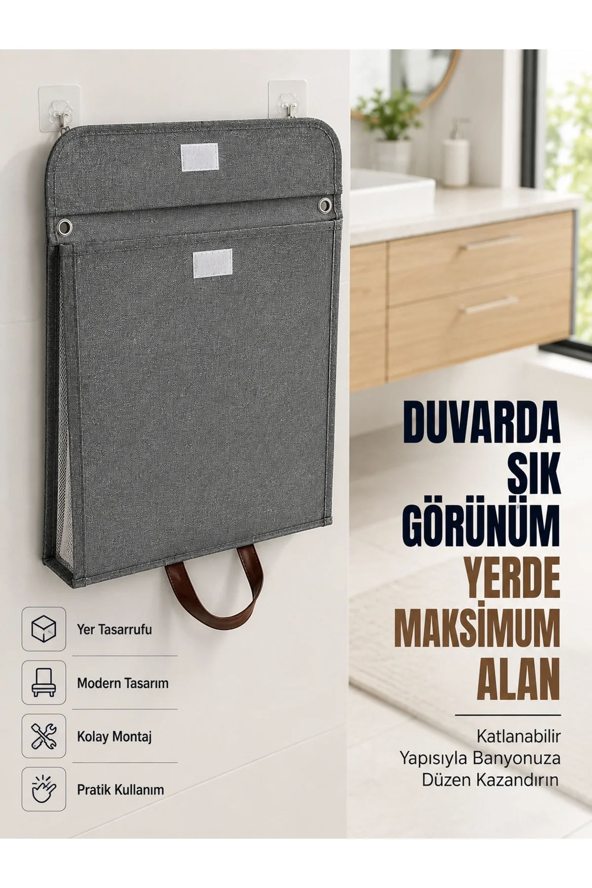Katlanır Duvar Askılı Çamaşır Sepeti Geniş İç Hacimli Banyo Düzenleyici